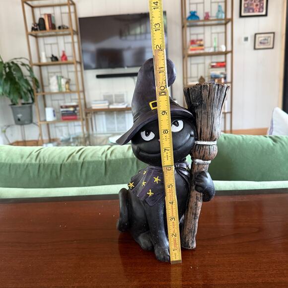 Cute Halloween Decor Smiling Black Cat in Wizard's Cape, Hat & Broom - Picture 6 of 6
